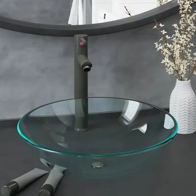 Gossi chiuveta baie, robinet si scurgere tip push, transparent sticla
