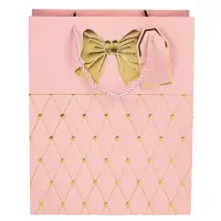 Pungi cadou cu mâner model fundă și romburi aurii 26x32x12cm - roz (set 12 buc)