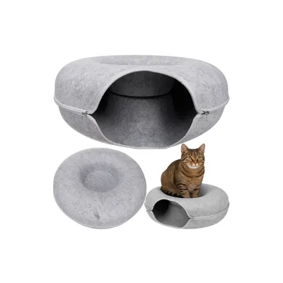 Pat pentru pisici, tunel de joaca 22 cm, forma gogoasa, cu fermoar, fetru gri