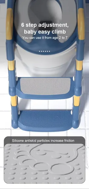 Reductor toaleta pentru copii, Little Mom Blue, pliabil, ergonomic, cu sezut din PVC, manere de sustinere, scara cu inaltime reglabila, suprafata antiderapanta, dimensiuni 34x44x34 cm