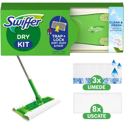 Trusa de baza cu Mop Uscat Umed Swiffer Trap Lock 1 Mop, 8 Rezerve lavete uscate + 3 Rezerve lavete umede
