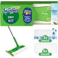Trusa de baza cu Mop Uscat Umed Swiffer Trap Lock 1 Mop, 8 Rezerve lavete uscate + 3 Rezerve lavete umede