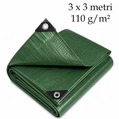 Prelata de protectie cu inele metalice, 3x3 m, densitate 110 g/mp, verde