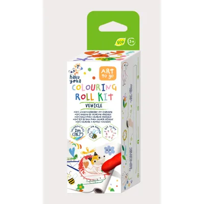 Kit rola de desenat Uneste punctele - 2 m, include 4 creioane colorate cerate, Vehicule - Haku Yoka