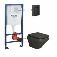 Set vas wc suspendat negru mat,rimless, Foglia Bristol si rezervor incastrat Grohe Solido 3 in 1 cu clapeta neagra mata Even