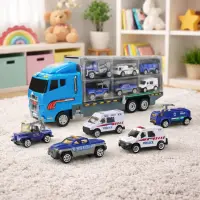 Camion Transport Masini Politie cu 6 Masinute Metalice Lansator Rampa si Compartimente Jucarie Copii