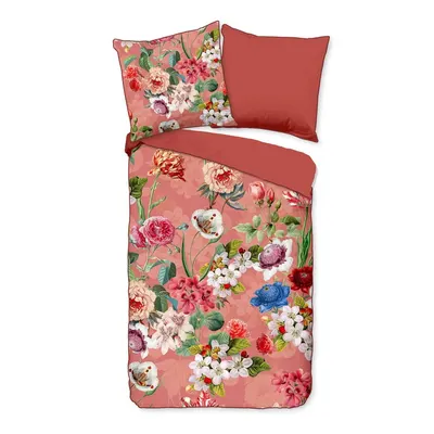 Lenjerie de pat din bumbac organic pentru pat dublu Descanso Flowery, 200 x 220 cm, portocaliu