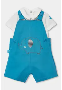 Set de salopeta si body cu elefant - Alb/Albastru