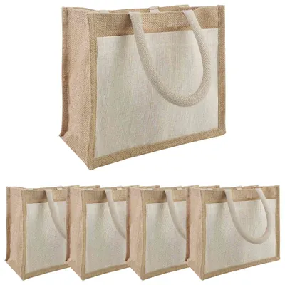 vidaXL Purse din iută cu buzunar 5 Natural și Alb 26 x 22 x 14 cm