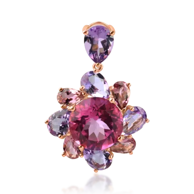 Pandantiv floare din aur roz cu pietre semipretioase de 10.7ct