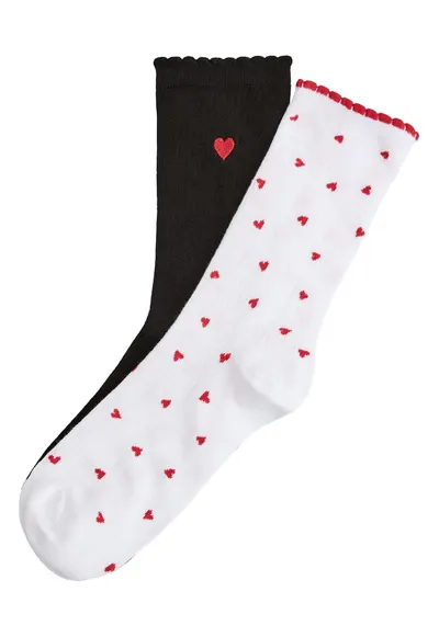 Sosete dama - Lungi - Cu inimioare - set de 2 perechi - Negru-Alb - Amora - Negru