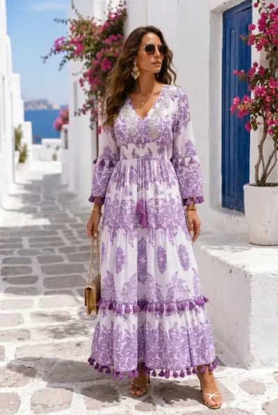 Rochie lunga inspirata de ceramica siciliana si farmecul Mediteranei, mov
