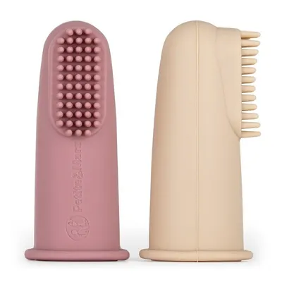 Set 2 periute de dinti pentru deget, Petite&Mars, Cu peri moi, Silicon, Include cutie depozitare, 0 luni+, Roz/Bej