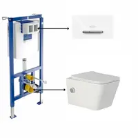 Set vas wc suspendat cu functie bideu, dreptunghiular, baterie crom Foglia Safari cu rezervor incastrat si clapeta de actionare dual-flush, alba cu 2 butoane cromate ViConnect, Villeroy Boch