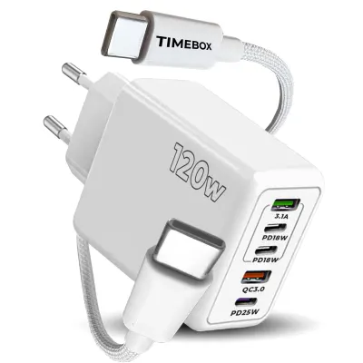 Incarcator Retea Timebox, 120W, 5 Porturi, 3 x Type-C, 2 x USB, Alb - Default Title