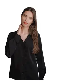 Camasa dama - neagra - cu decolteu in forma de inima - garnitura cu volane - maneci lungi
