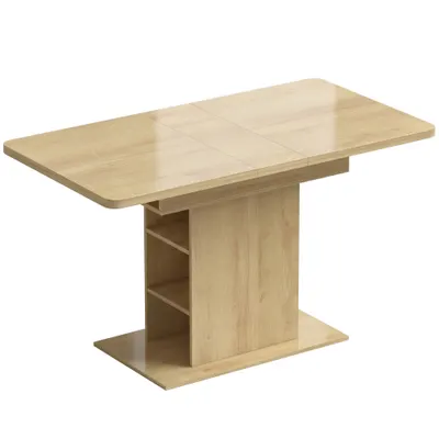 HOMCOM Masă extensibilă dreptunghiulară pentru 4-6 persoane, masă de bucătărie 110-130 cm, 6 rafturi deschise, lemn natural | Aosom Romania