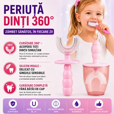 Periuta de dinti pentru copii, 6-12 ani, cu capac protectie, in forma de U, din silicon, periaj si curatare gingii 360, Roz