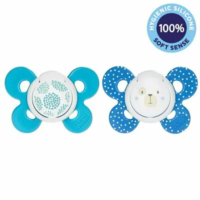 Set 2 suzete bebelusi, Chicco, Physio Comfort, Ortodontice, Suprafata moale, Fara BPA, 6-16 luni, Motive animale, Albastru