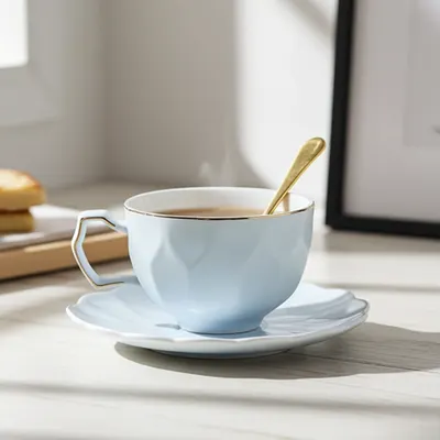 Cană de cafea Morello - Fresh Nordic, cu farfurioară și linguriță, 200 ml, albastru deschis