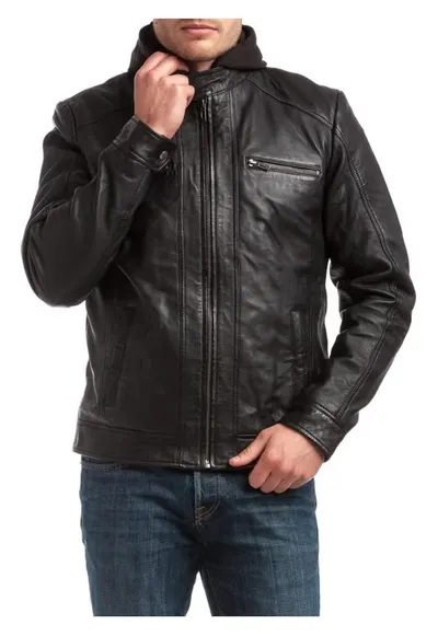 Sacou din piele Leif - negru - cu gluga detasabila - 4 buzunare - pentru barbati