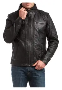 Sacou din piele Leif - negru - cu gluga detasabila - 4 buzunare - pentru barbati -