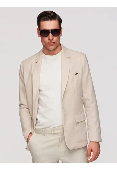 Sacou Barbati Elegant Texturat Regular Fit cu Nasturi Contrastanti - Bej