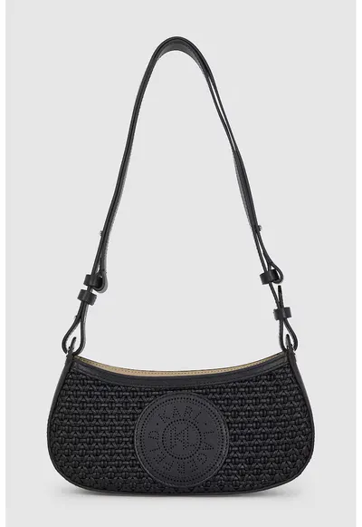 Geanta crossbody cu aspect crosetas si logo perforat - Negru