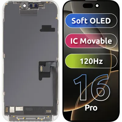 Display cu Touchscreen MP compatibil cu Apple iPhone 16 Pro, cu Rama, Versiune Soft OLED FHD 120Hz IC Movable, Negru