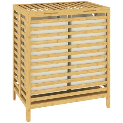 HOMCOM Coș de Rufe din Bambus 64L cu Capac, 2 Saci din Material Oxford Detașabili și Lavabili, Culoare Lemn | Aosom Romania