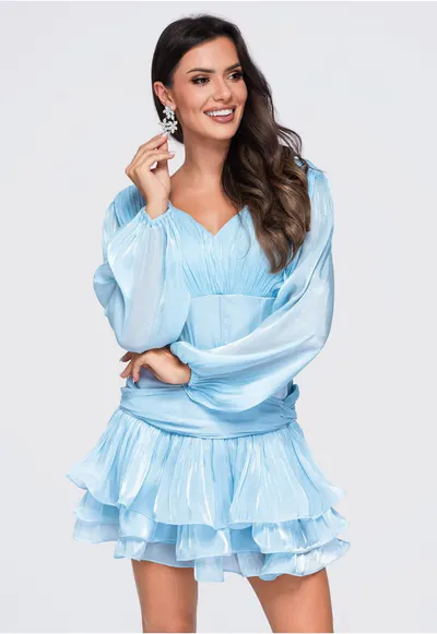 Rochie mini cu decolteu in V - talie cambrata si maneci bufante LA-OM-DLR432 - Albastru