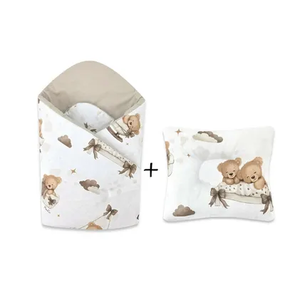 Set paturica de infasat, MimiNu, Dimensiune 75x75 cm + Perna bebelusi profilata, Cu functie anti-soc, 23x26 cm, Materiale certificate Oeko Tex Standard 100, Tedy bear dreams beige