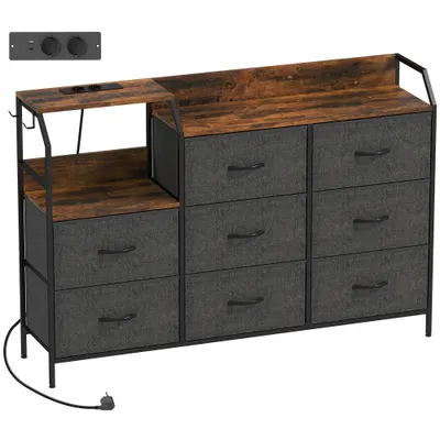 HOMCOM Comodă cu 8 sertare din material textil, cadru din oțel, stație de încărcare, Rustic-Maro+Negru | Aosom Romania