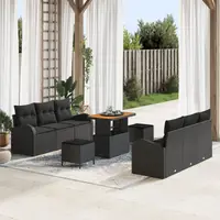 Set canapea gradina Gossi 9 piese cu perne negru poliratan acacia, canapea gradina Gossi cu 2 locuri si depozitare negru poliratan, set dining gradina Gossi 3 piese cu perne negru poliratan acacia