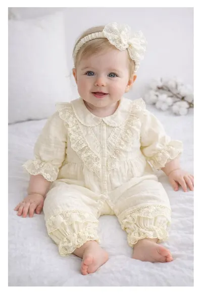 Salopeta bebe fetita muselina ivoire dantela eleganta set cu bentita