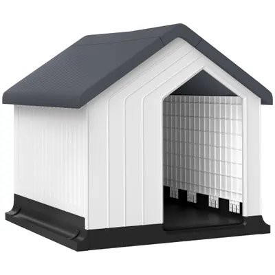 PawHut Niche pentru câine pentru exterior, adăpost impermeabil cu fereastră, din plastic, 62lungime x 61Lățime x 60Înălțime cm, gri | Aosom Romania