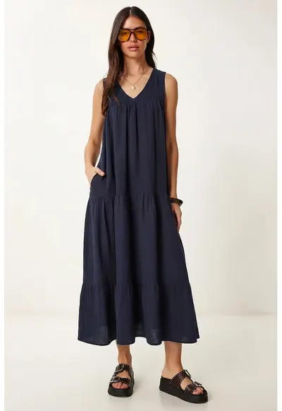 Rochie midi Happiness Istanbul - cu volane - bleumarin - bumbac