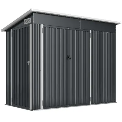 Outsunny Șopron de Grădină 2.68m² din Oțel Galvanizat cu 3 Uși Blocabile, Șopron cu Guri de Aerisire, Acoperiș Înclinat și Mănuși, Depozitare Unelte, 234x132x185 cm, Gri Închis | Aosom Romania