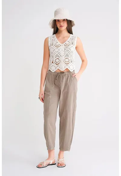Pantaloni dama - jogger din bumbac - talie cu snur - bej