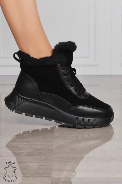 GHETE DAMA scurte din PIELE Naturala Combinata cu Piele intoarsa CRL1528 Negru