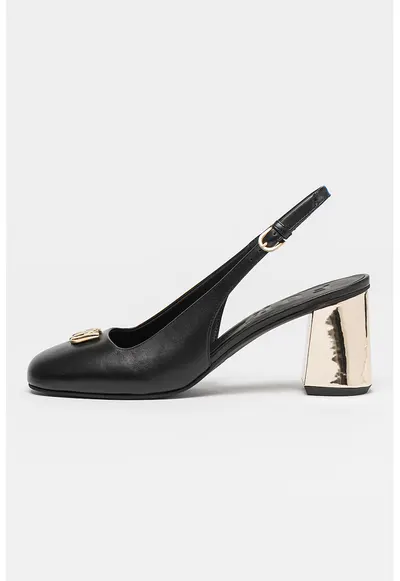 Pantofi slingback de piele cu toc masiv - Auriu/Negru
