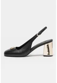 Pantofi slingback de piele cu toc masiv - Auriu/Negru