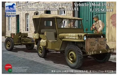 Model asamblabil Bronco Models Militar: Camioane - US GPW camion 1/4 tonă 4x4 (mod. 1942) cu tun antitanc de 37 mm M3A1