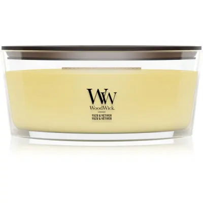 Woodwick Yuzu & Vetiver lumânare parfumată cu fitil din lemn 453.6 g