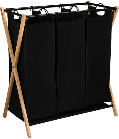 Coș de rufe Estia - Bamboo Essentials, 3 compartimente, 102 l, negru