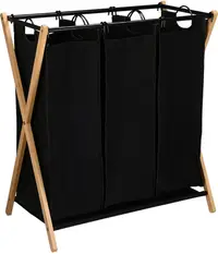 Coș de rufe Estia - Bamboo Essentials, 3 compartimente, 102 l, negru