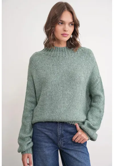 Pulover gros tricotat - croiala relaxata - verde salvie - tricot - One Size