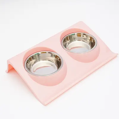Castron dublu metalic hrana si apa pentru caini de talie mica si pisici, cu suport plastic ridicat, Small, 29 X 19 X 5 cm, roz