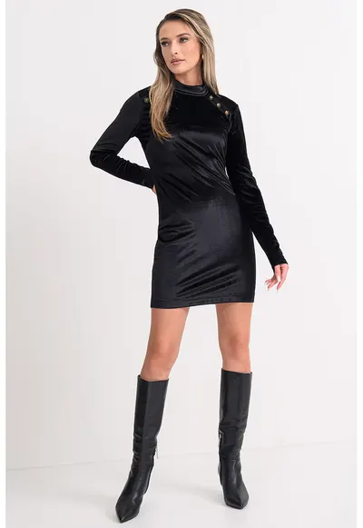 Rochie scurta cu decolteu la baza gatului si maneci lungi - Negru