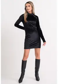 Rochie scurta cu decolteu la baza gatului si maneci lungi - Negru